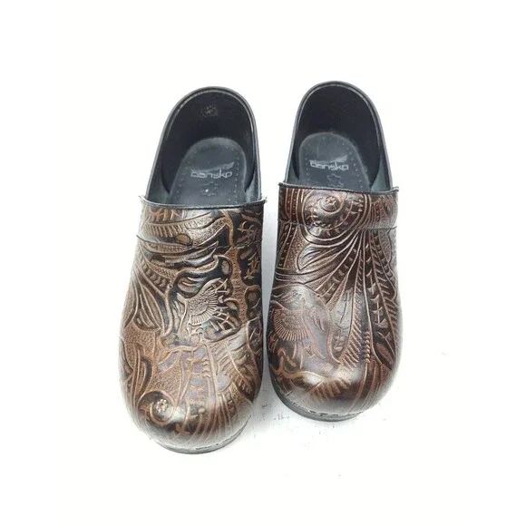 Dansko Womens Professional Clogs Sz 38 7.5-8 Brown Leather Floral Tooled Etched - Picture 5 of 9